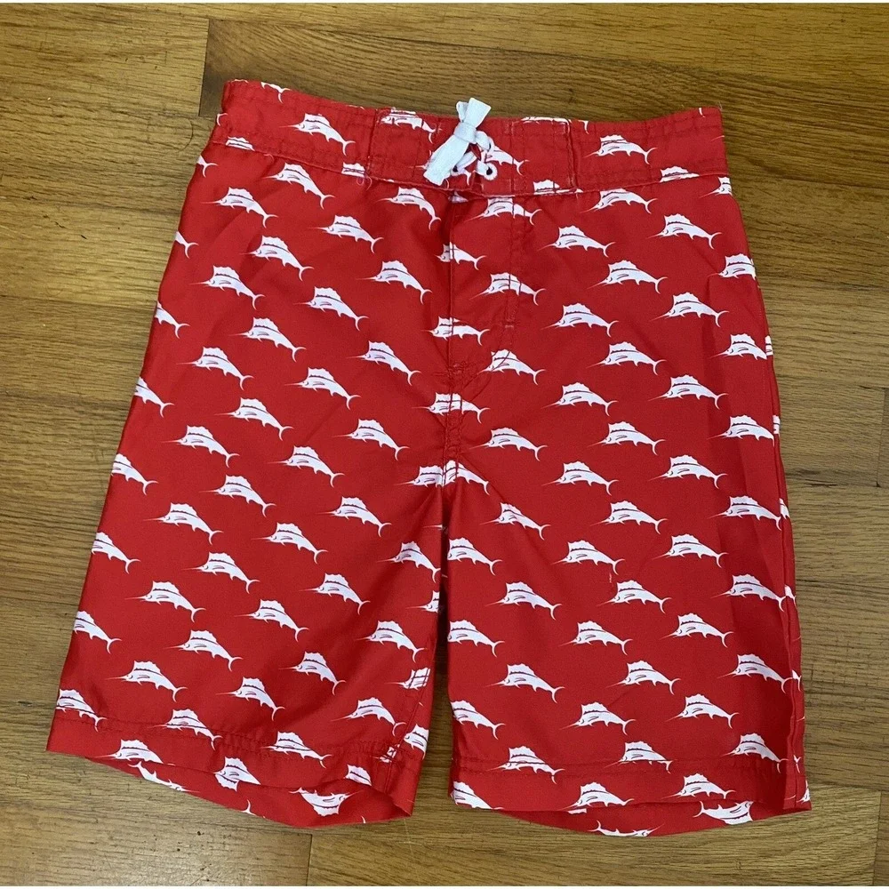 Tommy Bahama UPF 50 Swim Trunks Boys Youth size 6 Red White Marlin Drawstring